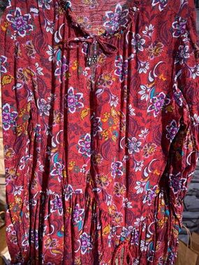 Time and Tru Red Floral Boho Peasant Blouse